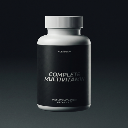 Complete multivitamin capsules in a black container