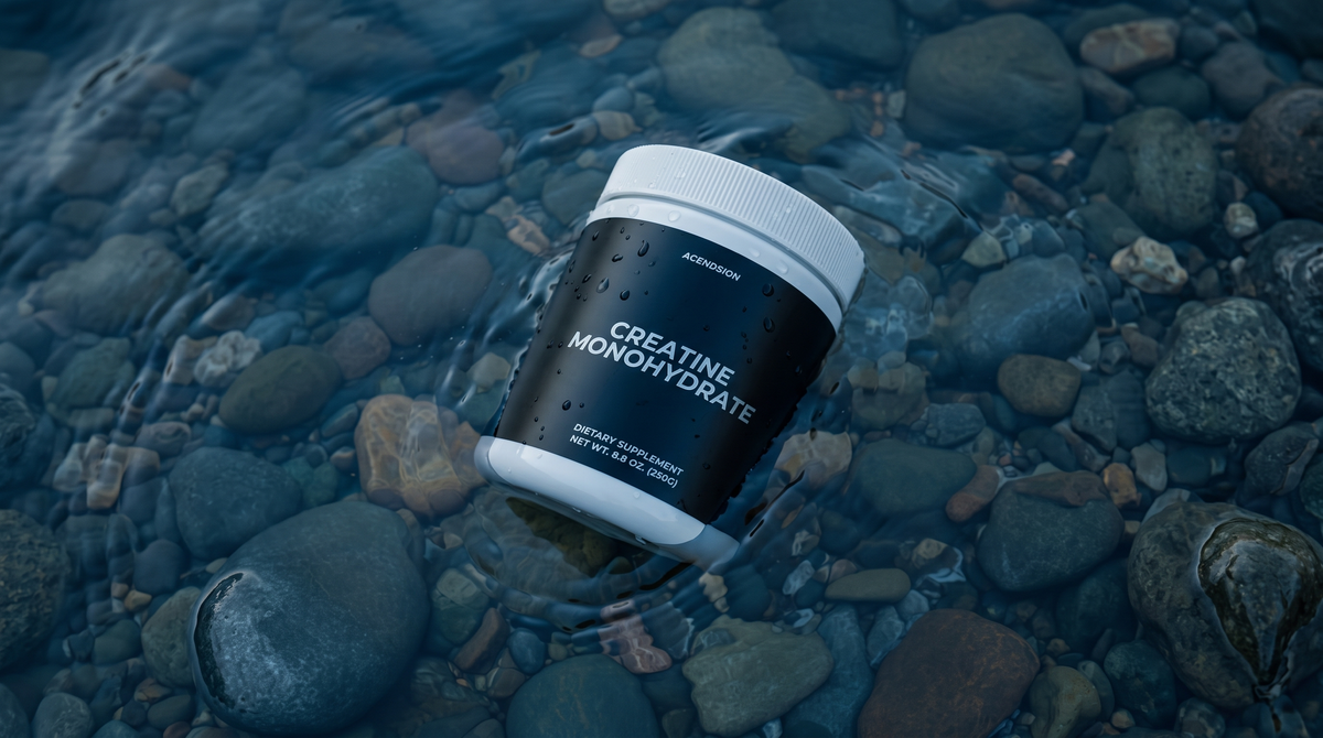 Creatine monohydrate container on wet river stones