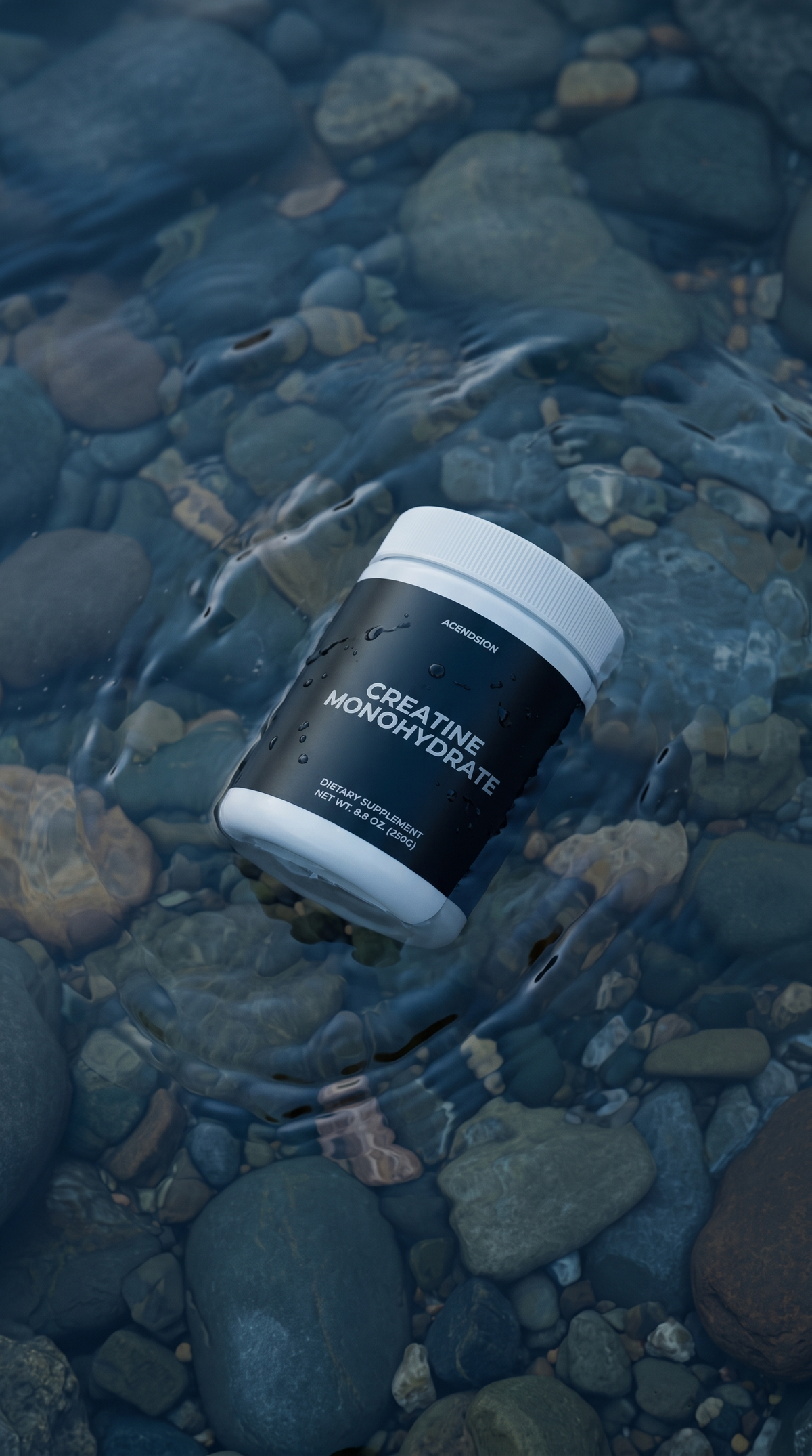 Creatine monohydrate container on wet river stones