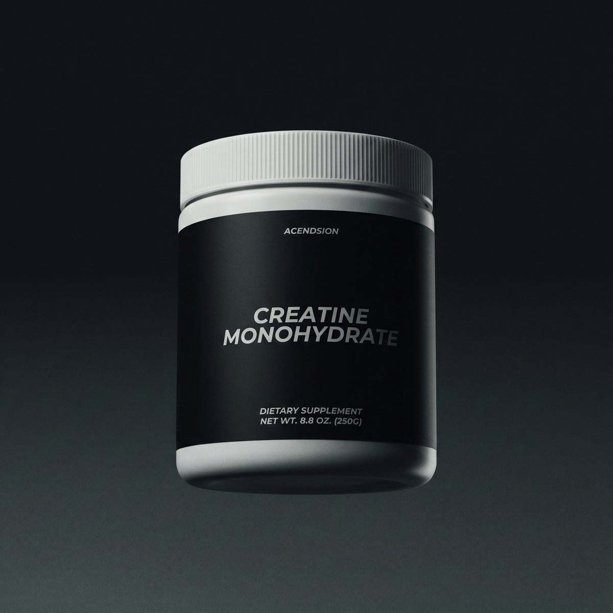 Creatine monohydrate powder in a black container