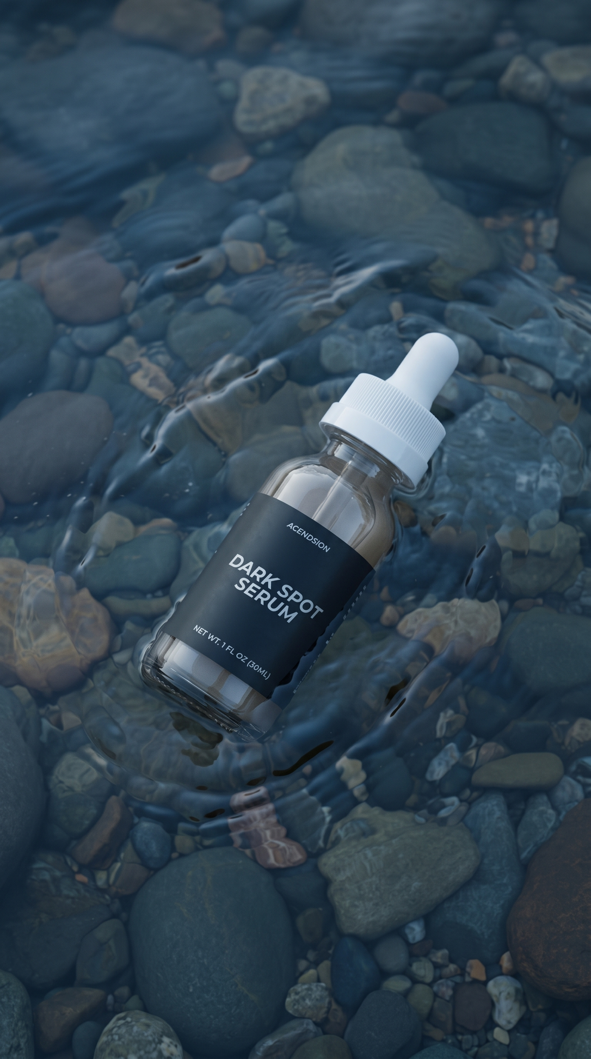 Dark spot serum bottle on wet river stones