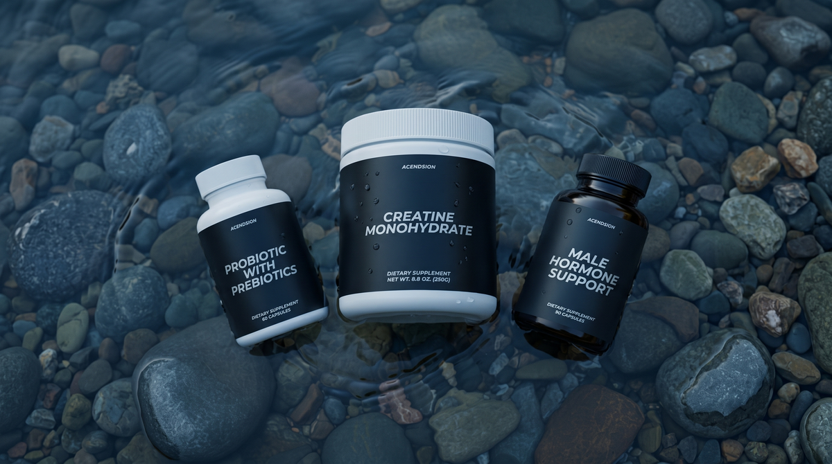 Acendsion creatine, hormone support and probiotic containers on wet river stones