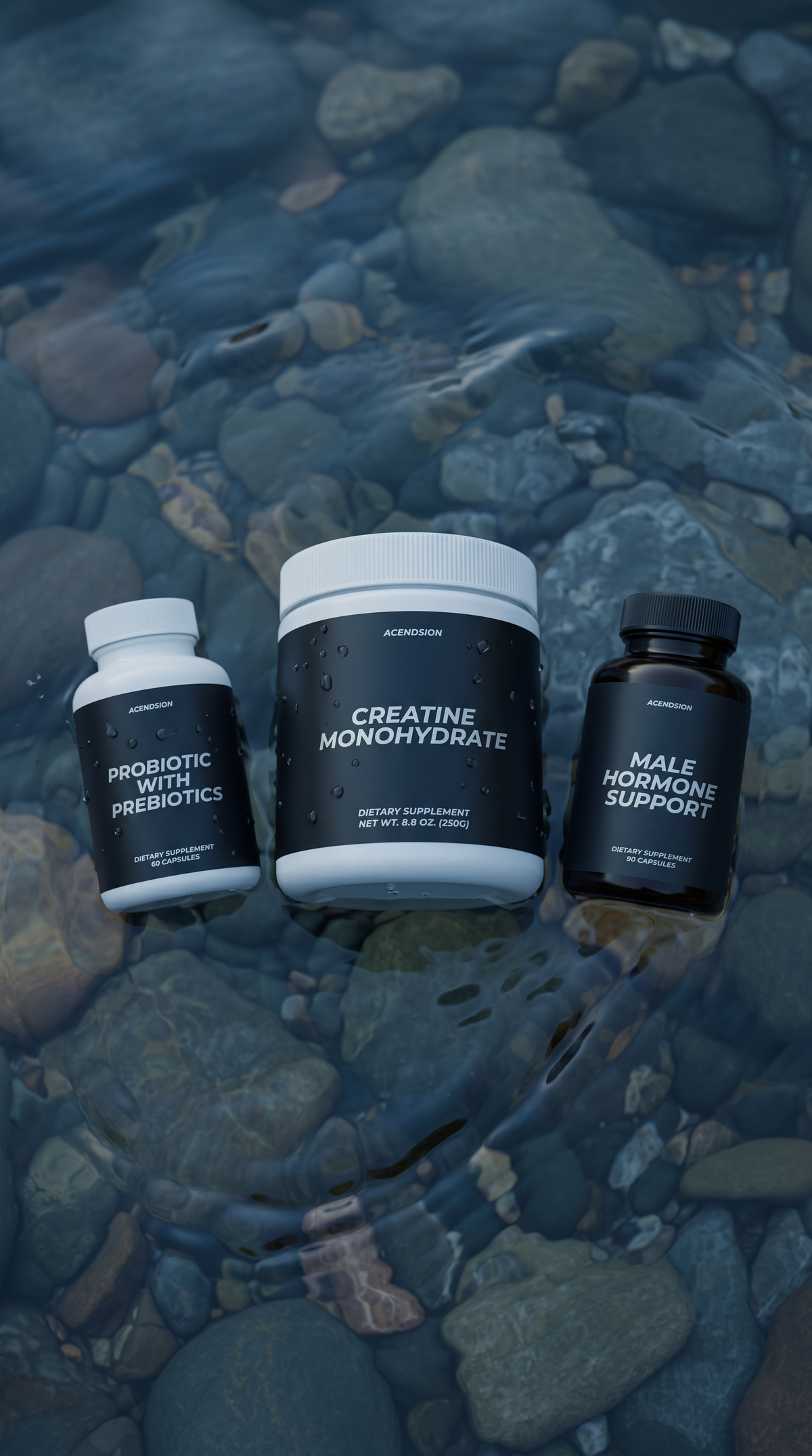 Acendsion creatine, hormone support and probiotic containers on wet river stones