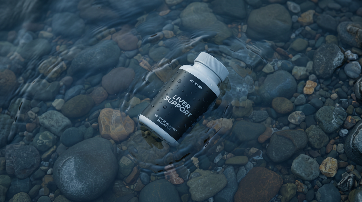 Liver support container on wet river stones
