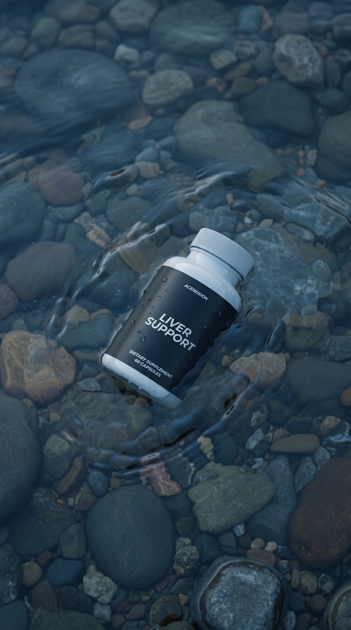 Liver support container on wet river stones