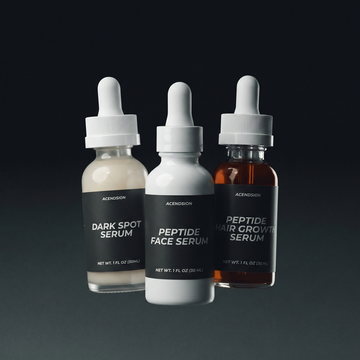 Looks stack — three peptide serums in dark bottles