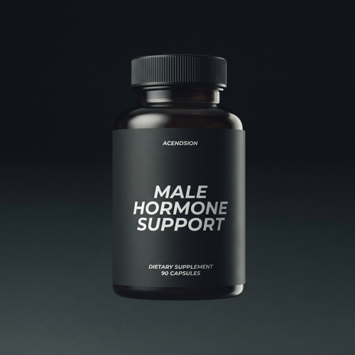 Male hormone support capsules in a black container