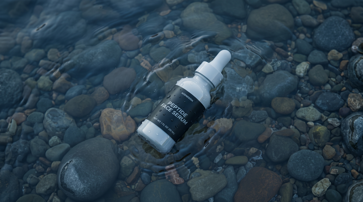 Peptide face serum bottle on wet river stones