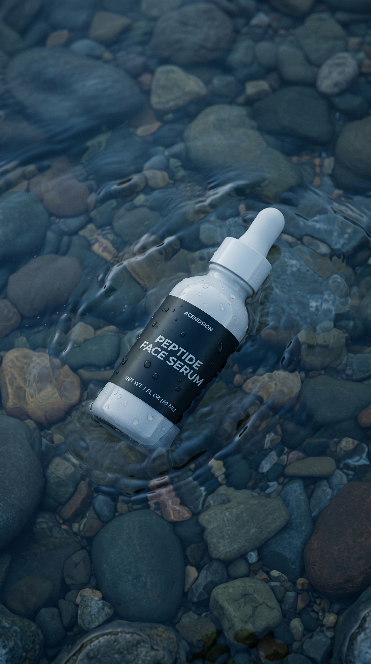 Peptide face serum bottle on wet river stones