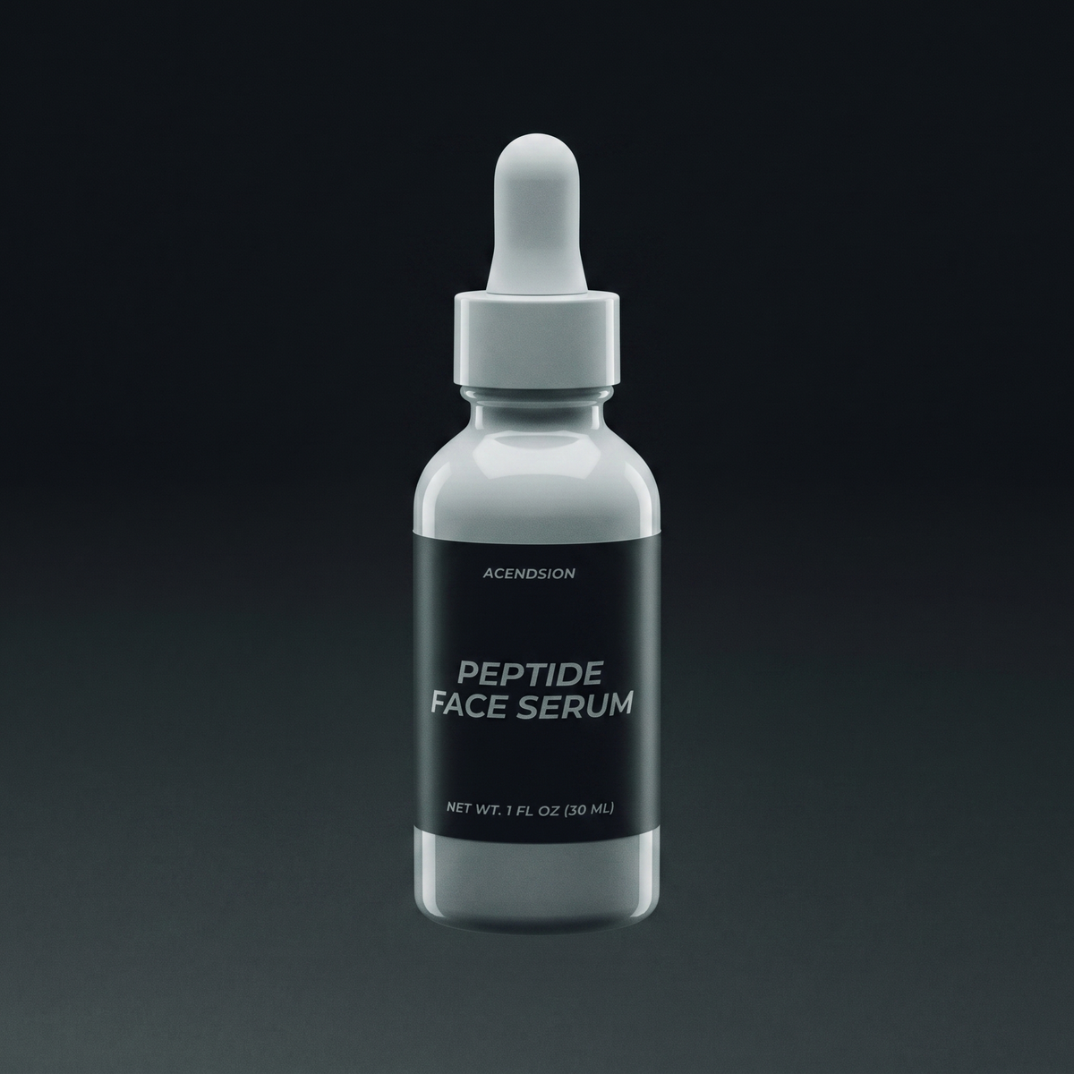 Peptide face serum in a dark dropper bottle