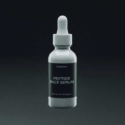 Peptide face serum in a dark dropper bottle