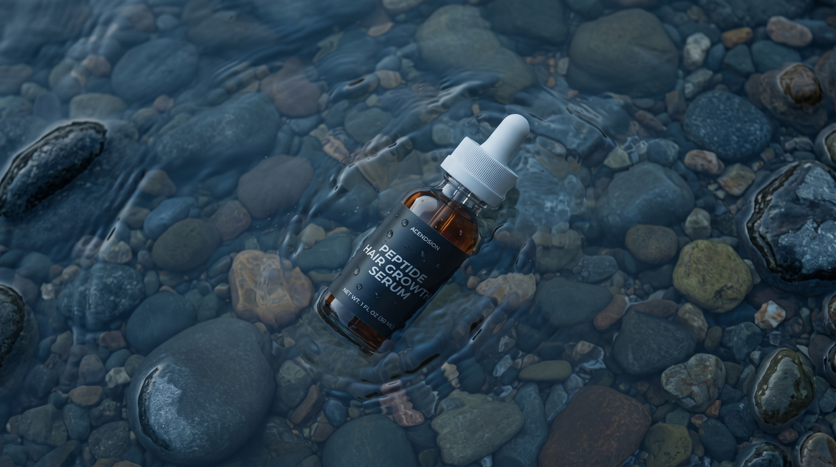 Peptide hair growth serum bottle on wet river stones