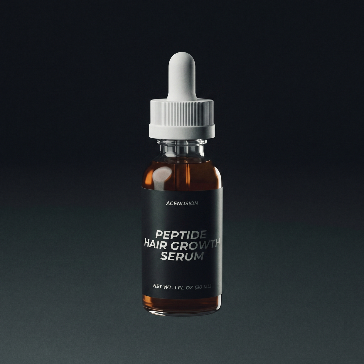 Peptide hair growth serum in a dark dropper bottle