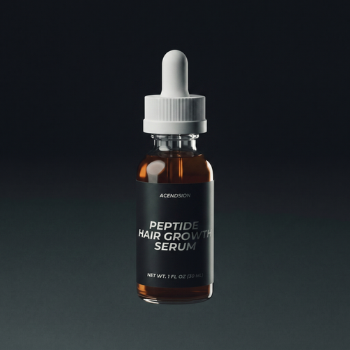 Peptide hair growth serum in a dark dropper bottle