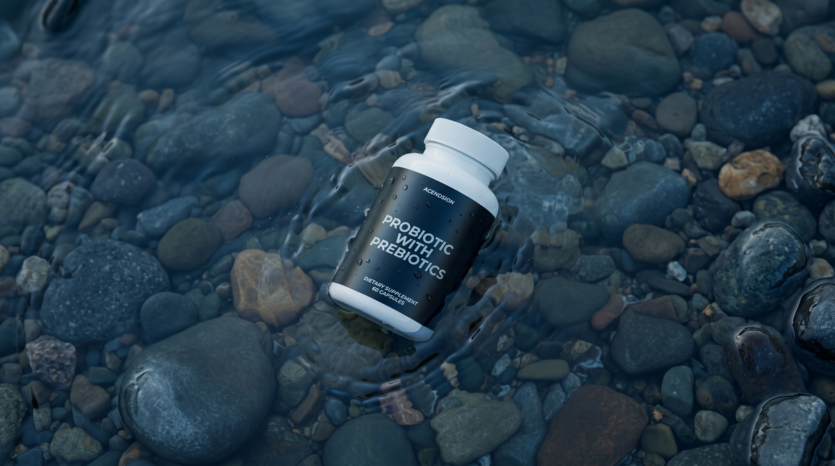 Probiotic with prebiotics container on wet river stones