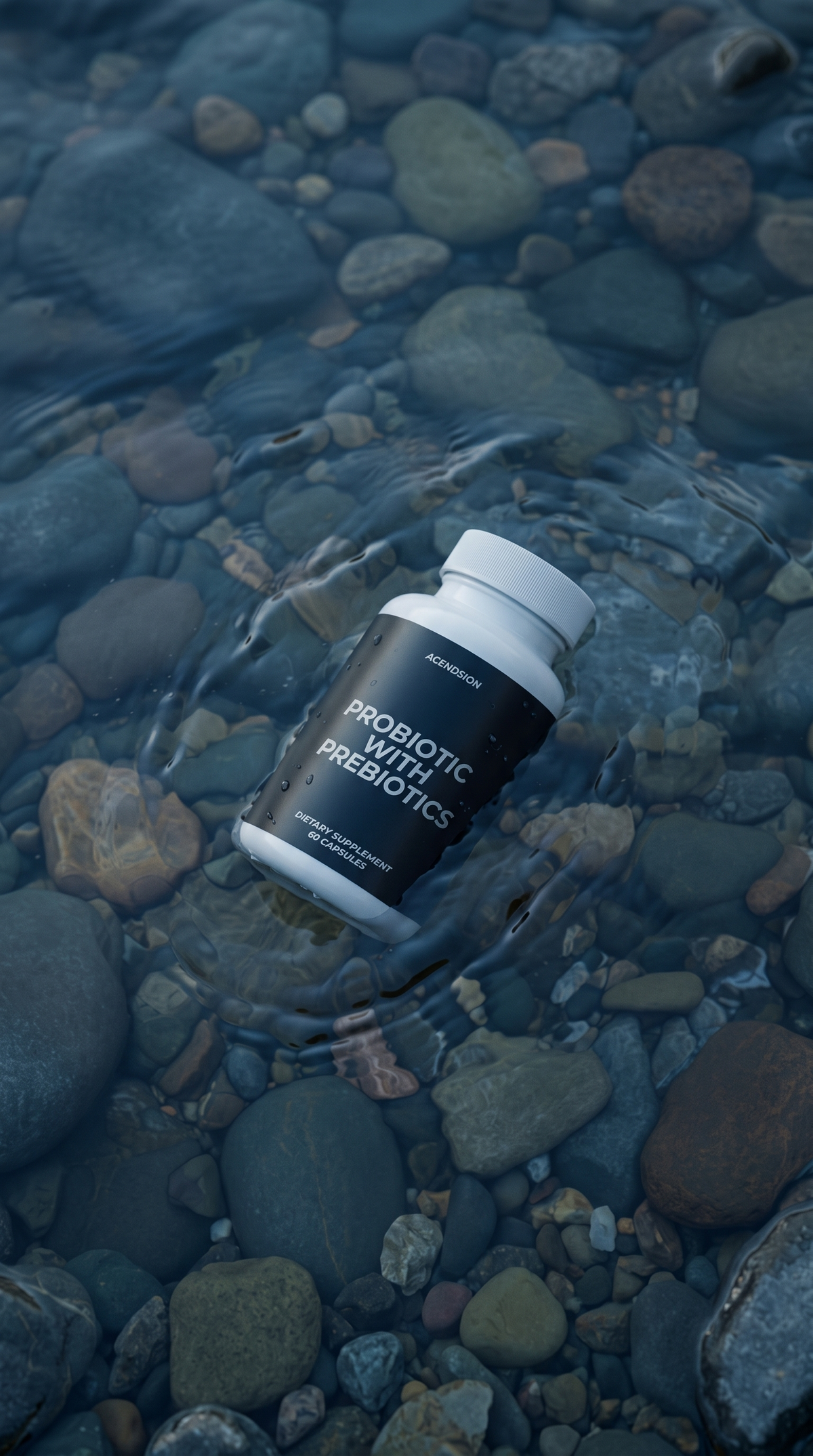 Probiotic with prebiotics container on wet river stones