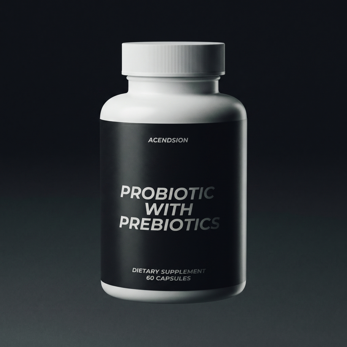 Probiotic with prebiotics capsules in a black container